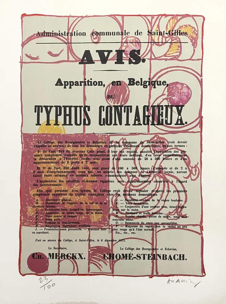 Litografia Alechinsky - Alerte au typhus contagieux en Belgique