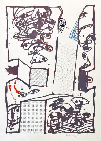 Litografia Alechinsky - Pierre Alechinsky (1927) – Chutes et panaches, avec extraits de partitions labyrinthiques de Jean-Yves Bosseur – Lithograph on paper – 2001