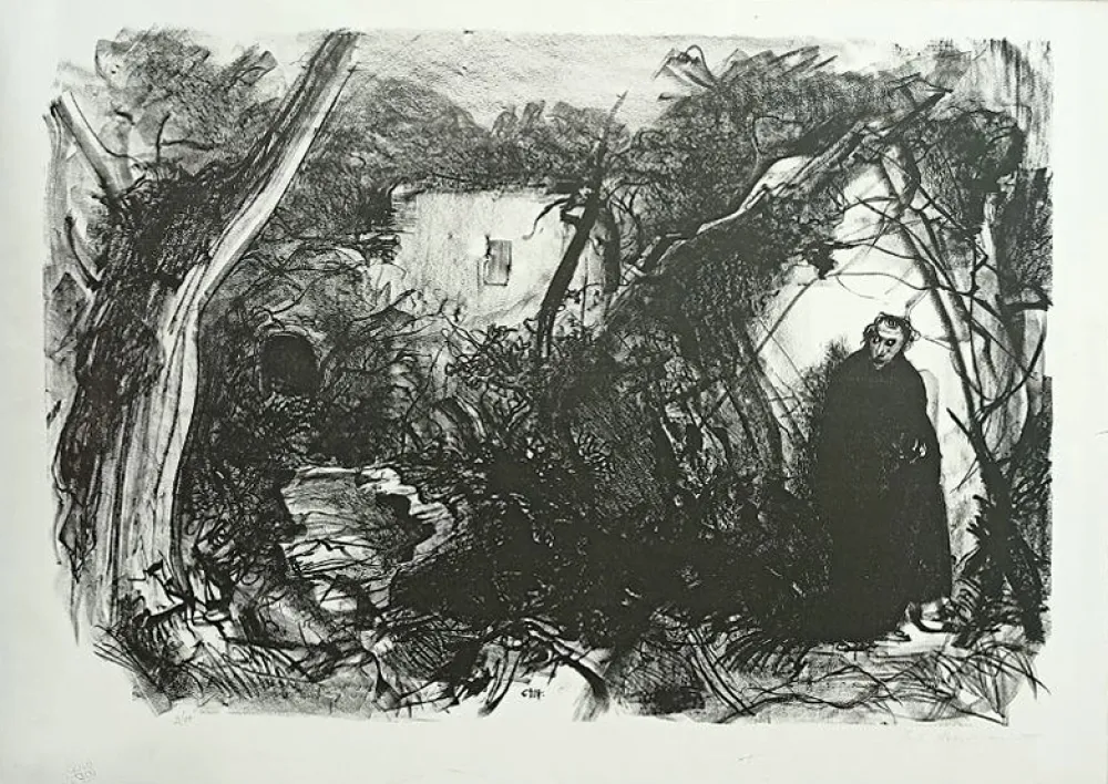 Litografia Annigoni - VIANDANTE CON MANTELLO