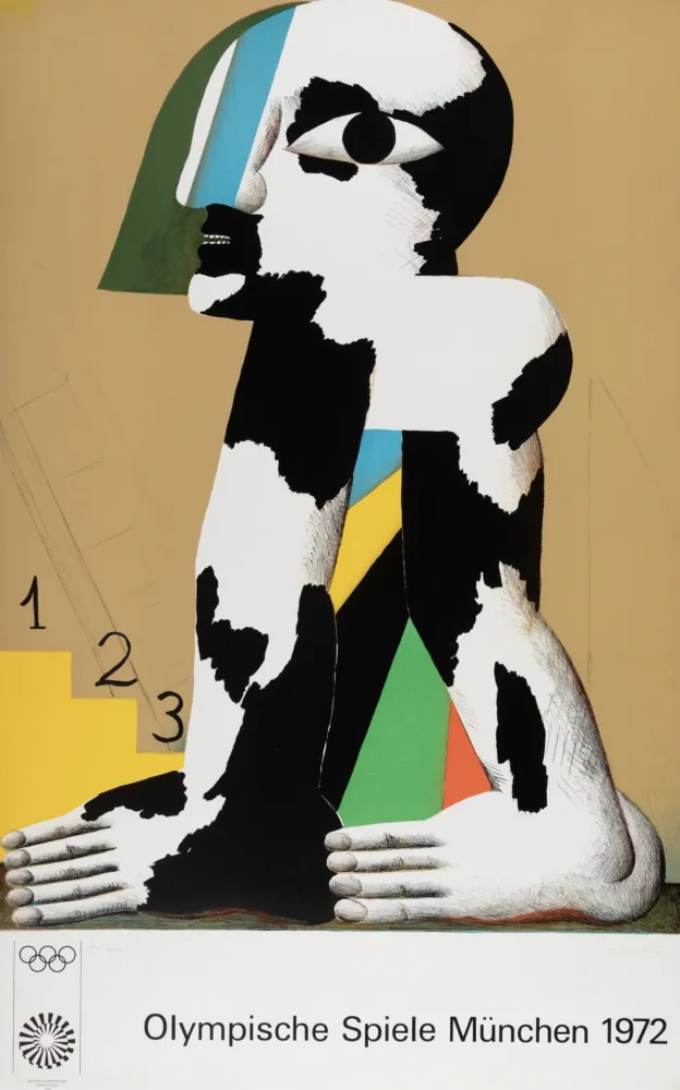 Litografia Antes - Schwarz-weiss-gefleckte Figur (Olympia), 1972 - Hand-signed