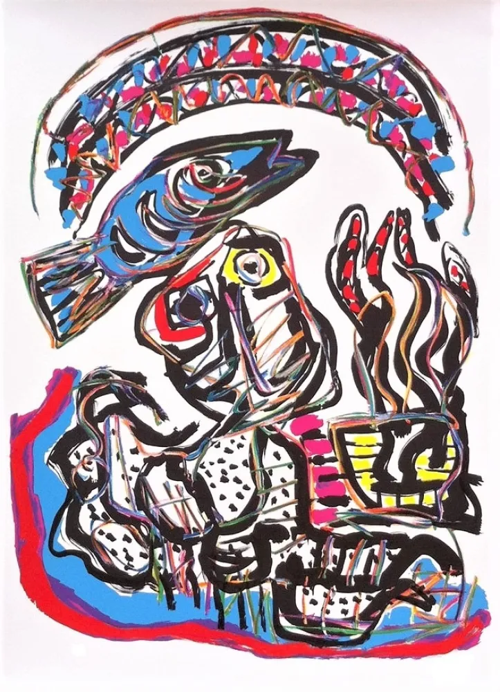 Litografia Appel - Composition avec Poisson et Tête