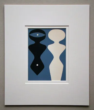 Incisione Su Legno Arp - Deux figures sur fond bleu