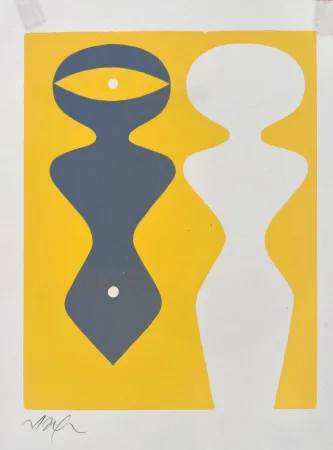 Incisione Su Legno Arp - Deux figures sur fond jaune 