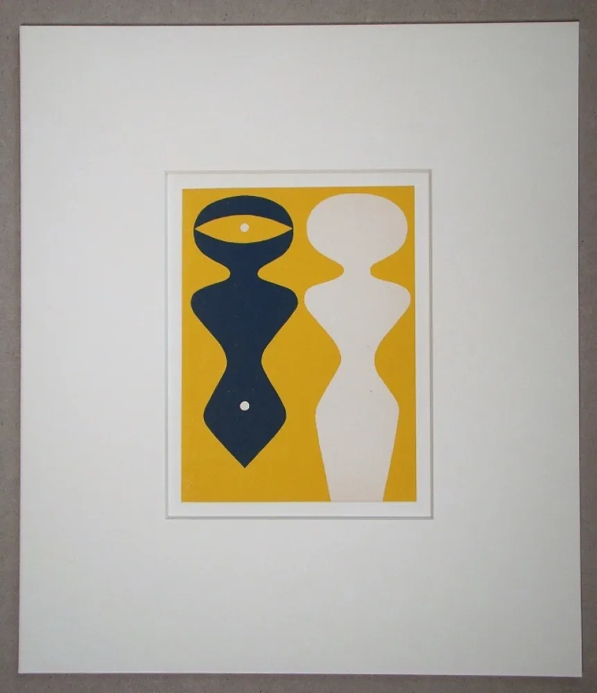 Incisione Su Legno Arp - Deux figures sur fond jaune