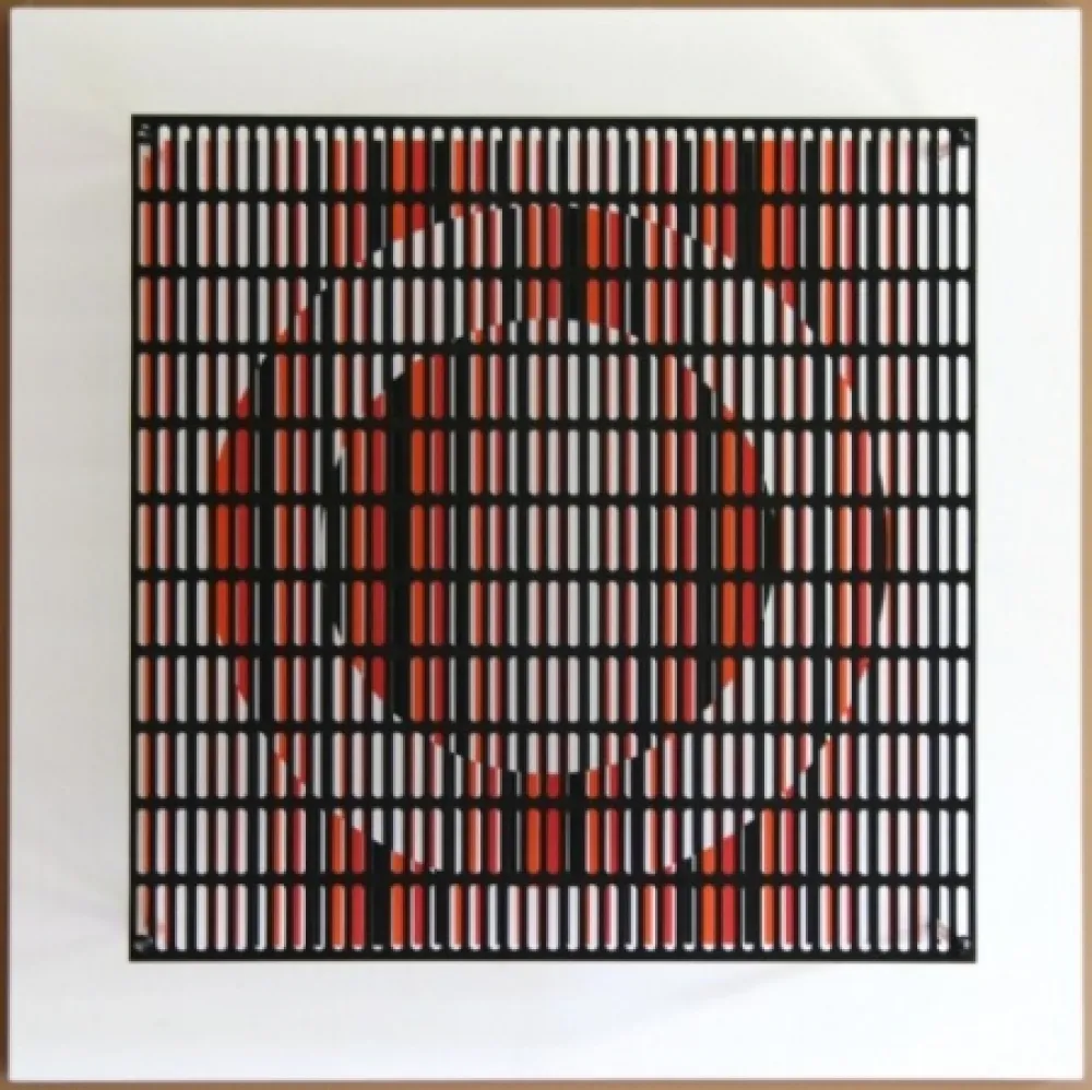 Incisione Su Legno Asis - Vibration cercles noir, orange et rouge