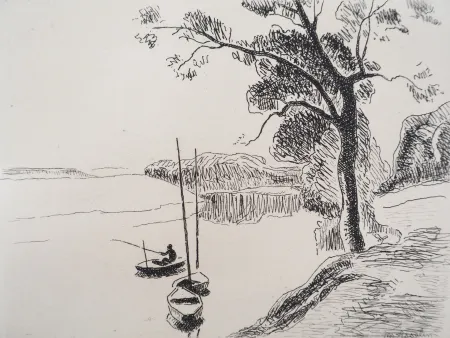 Incisione Asselin - Paysage: la Seine au bois de Boulogne