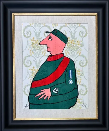 Incisione Baj - Enrico Baj (1924–2003) – Caporal – Color etching and collage on brocade – 1972