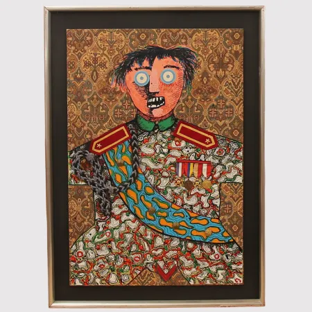 Non Tecnico Baj - Enrico Baj ( 1924 – 2003 ) – Le stratége militaire Sahuguet d'Amarzit d'Espagnac – Mixed media with passamentrie and collage on brocade with originals medals and pins - 1971