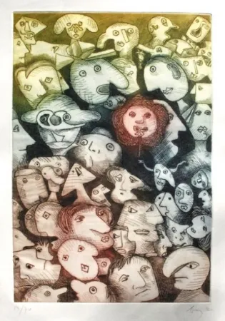 Incisione Baj - Grande folla