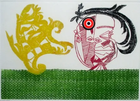 Incisione Baj - Pecheur sur la plage