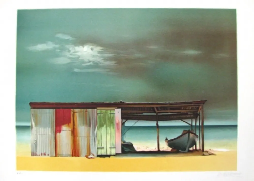 Litografia Battut - Baraque sur la plage