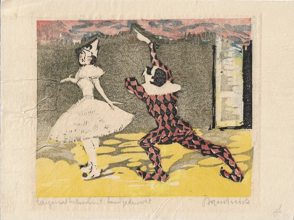 Incisione Su Legno Baudnik - Harlequin & Columbine