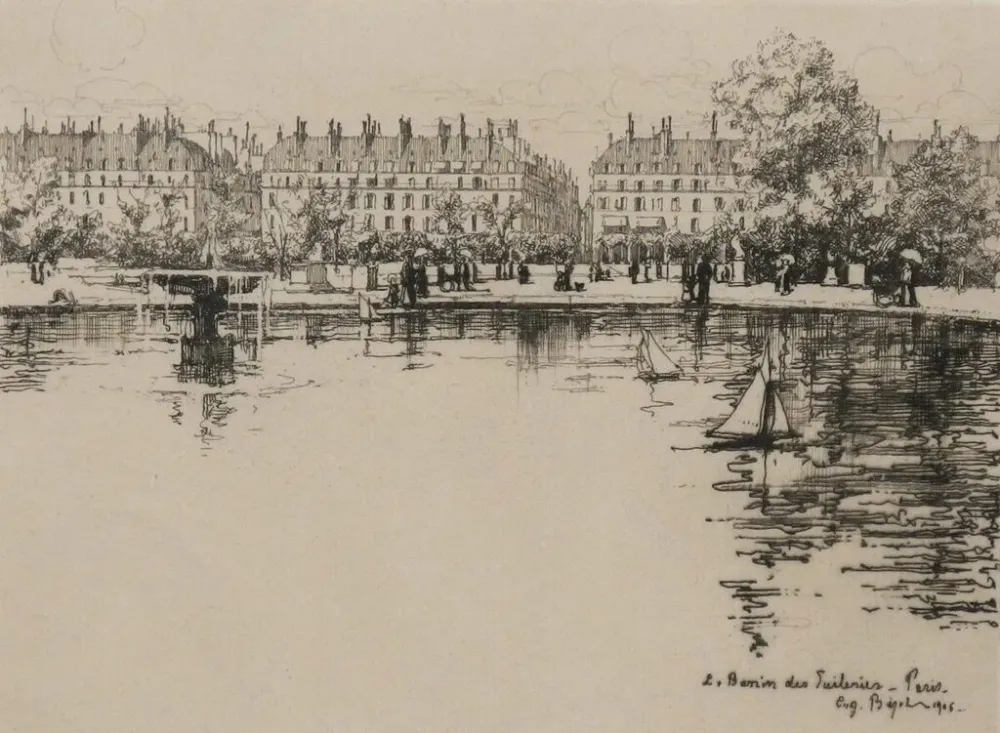 Incisione Bejot - Le bassin des Tuileries