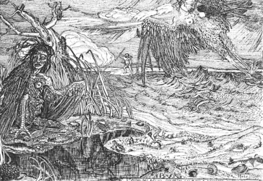 Acquaforte Bozzetti - Le Arpie del lago Stinfalio