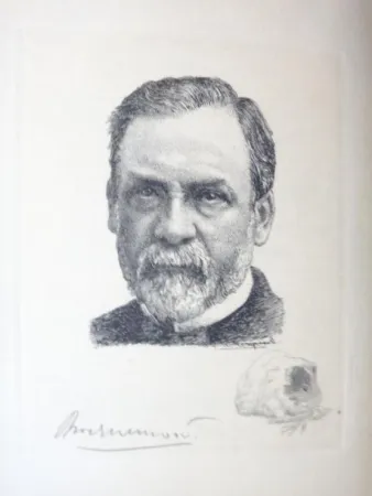 Incisione Bracquemond - Pasteur et les pastoriens.  Avec un portrait à l'eau-forte par Bracquemond