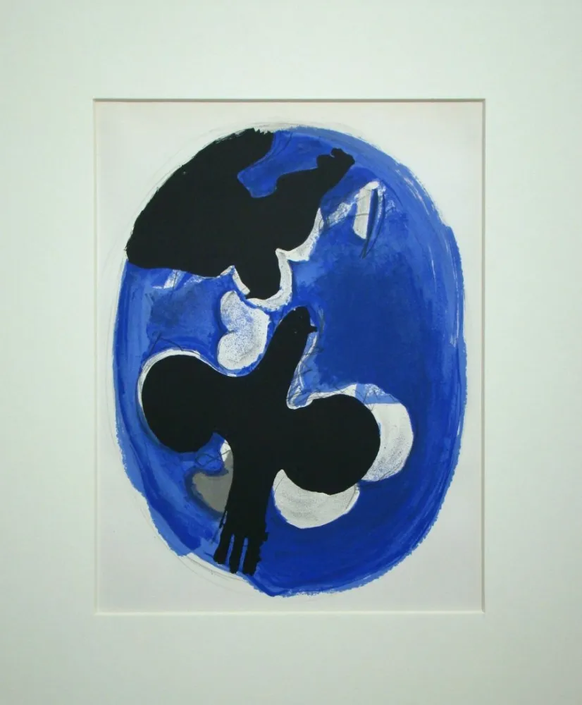 Litografia Braque - Deux oiseaux sur fond bleu