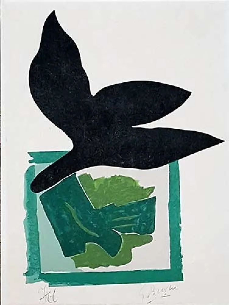 Incisione Su Legno Braque - Oiseau noir sur fond vert