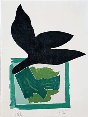Incisione Su Legno Braque - Oiseau noir sur fond vert