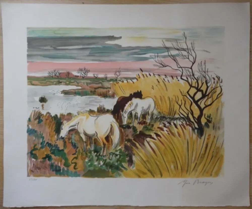 Litografia Brayer - Chevaux en Camargue