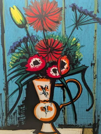 Litografia Buffet - Bouquet au fond bleu 