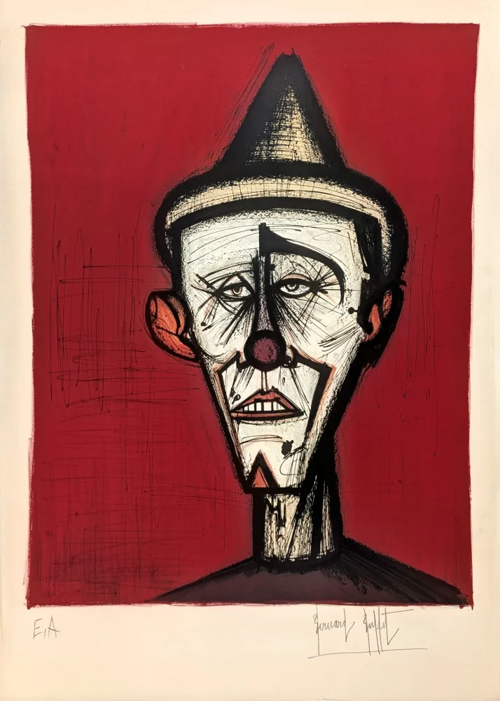 Litografia Buffet - Mon Cirque, le clown au fond rouge 
