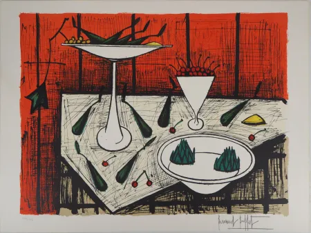Litografia Buffet - Nature morte au fond rouge