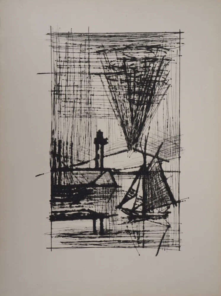 Incisione Buffet - Paysage au voilier et au phare