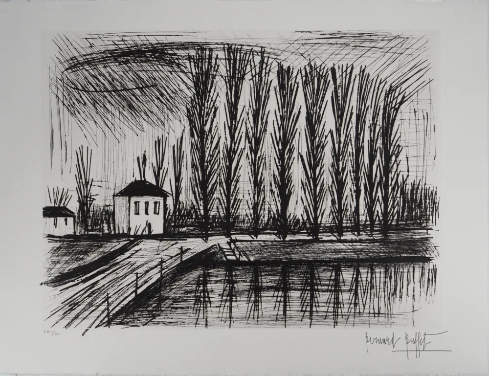 Incisione Buffet - Peupliers au bord de l'eau