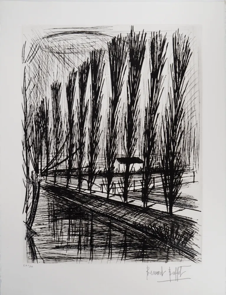 Incisione Buffet - Peupliers au bord du canal