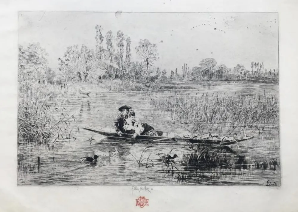 Incisione Buhot - Au fil de l'eau (1875)