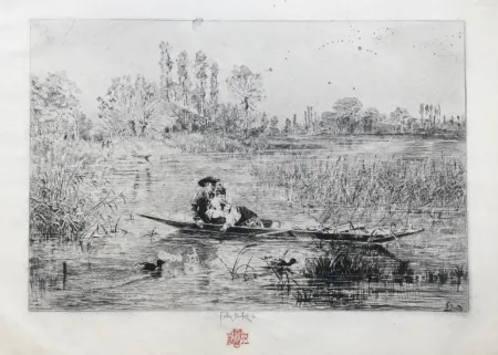 Incisione Buhot - Au fil de l'eau (1875)