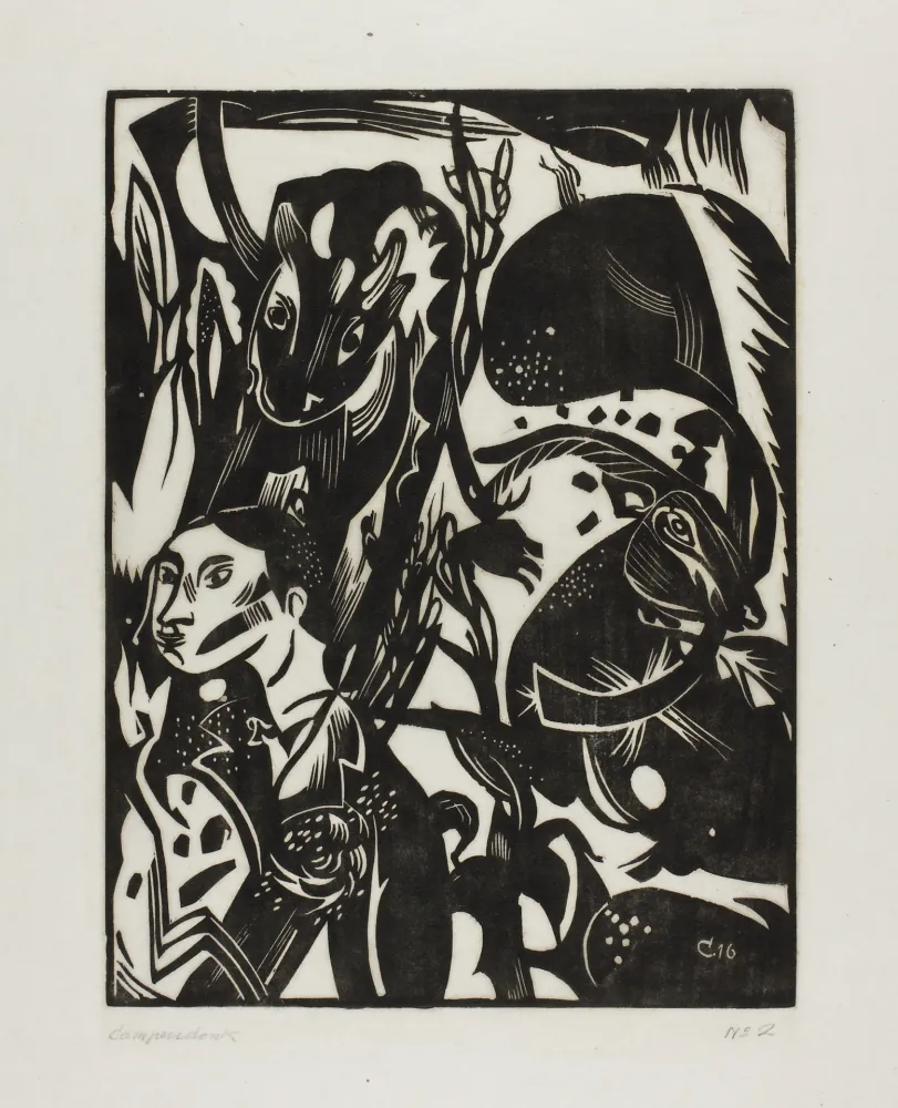 Incisione Su Legno Campendonk - Männliche Halbfigur mit Kuh und Ziege 