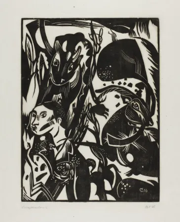 Incisione Su Legno Campendonk - Männliche Halbfigur mit Kuh und Ziege 