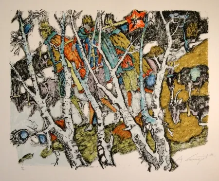 Litografia Carigiet - Sternsinger  (Die Drei Könige hinter Birken)