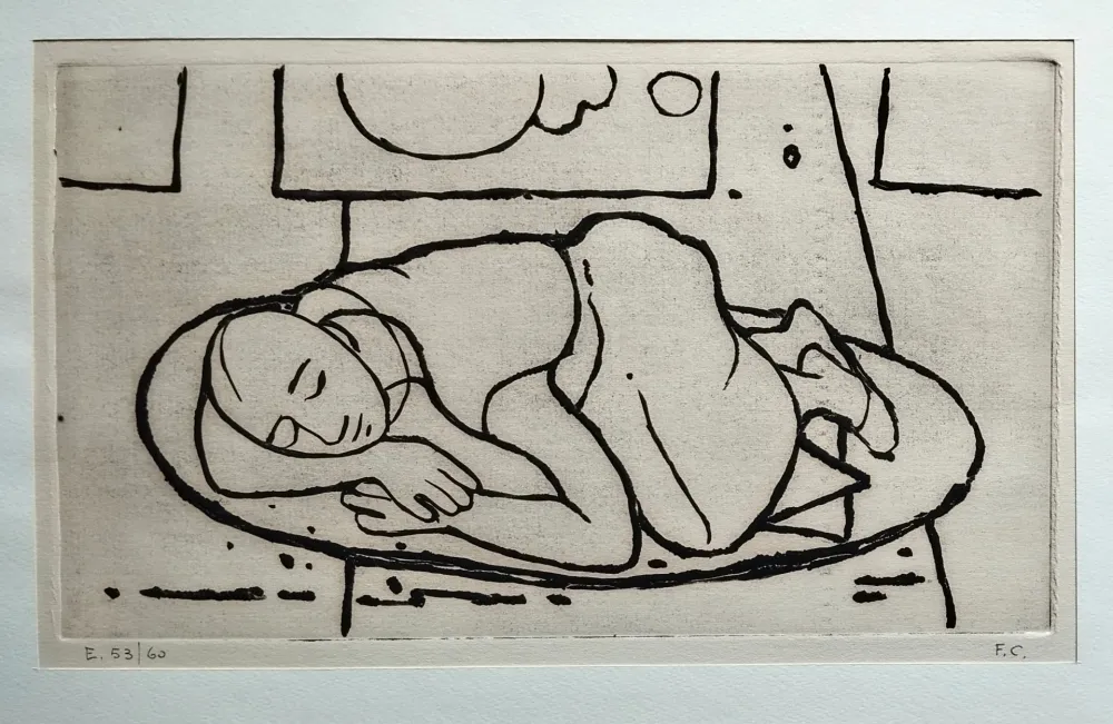 Linoincisione Casorati - Figura accovacciata
