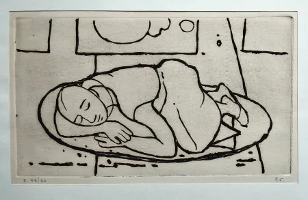 Linoincisione Casorati - Figura accovacciata