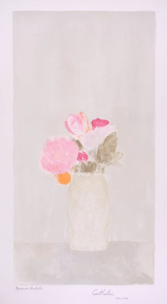Litografia Cathelin - Bouquet de roses au fond gris - Bouquet of roses on a grey background