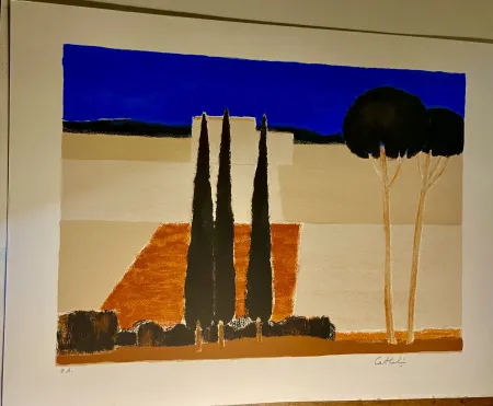Litografia Cathelin - Paysage aux cyprès