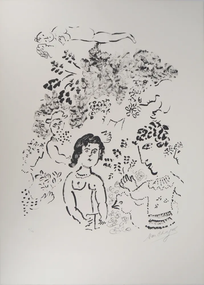 Litografia Chagall - Amoureux au bouquet et au coq