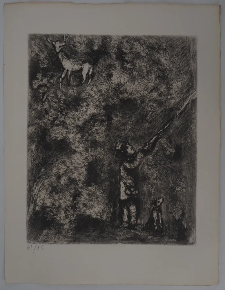 Incisione Chagall - Le cerf chassé (Le cerf et la vigne)