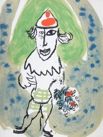 Litografia Chagall - Le clown vert avec bouquet de fleurs, 1966