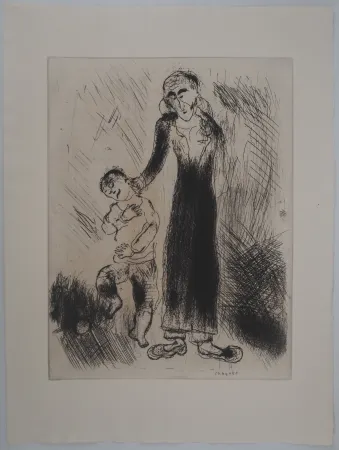 Incisione Chagall - Les réprimandes (Le père de Tchitchikov lui donne une correction)