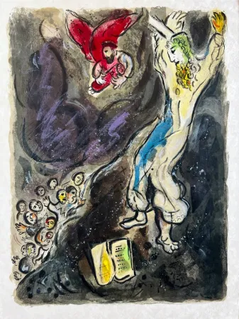 Litografia Chagall -  Moses wrath waxed hote, and he cast the Tables out of his handes, and brake them in pieces beneath the mountaine