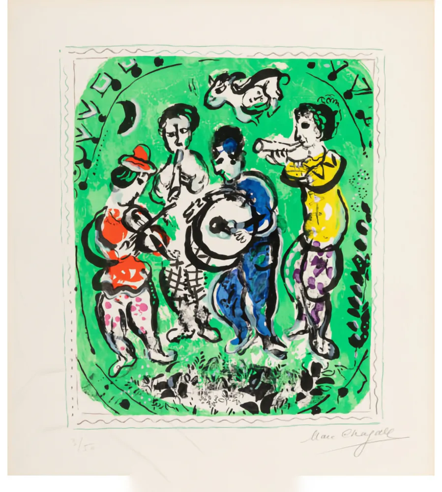 Litografia Chagall - Musiciens sur fond vert