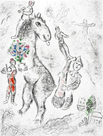 Acquaforte E Acquatinta Chagall - Original etching «Horse, violinist and clown» from «Celui qui dit les choses sans rien dire» (1976)