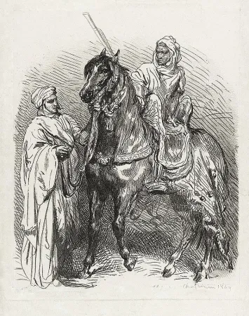 Incisione Chassériau - Arabe montant en selle / Cavalier arabe partant pour la guerre