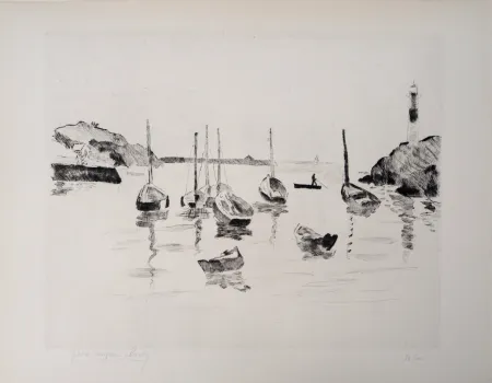 Incisione Clairin - Marine et barques à Doëlan