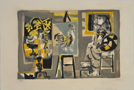 Litografia Clavé - La Femme-peintre au coq 