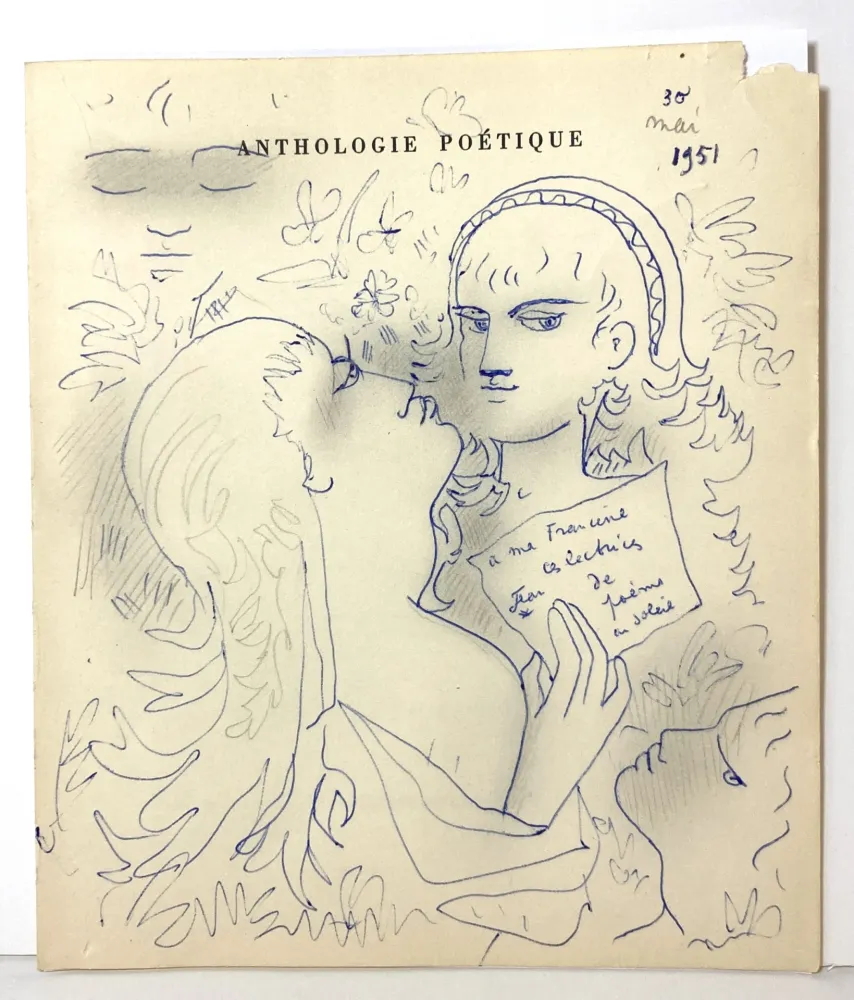 Non Tecnico Cocteau - Dessin au stylo bleu et mine de plomb,