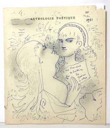 Non Tecnico Cocteau - Dessin au stylo bleu et mine de plomb,